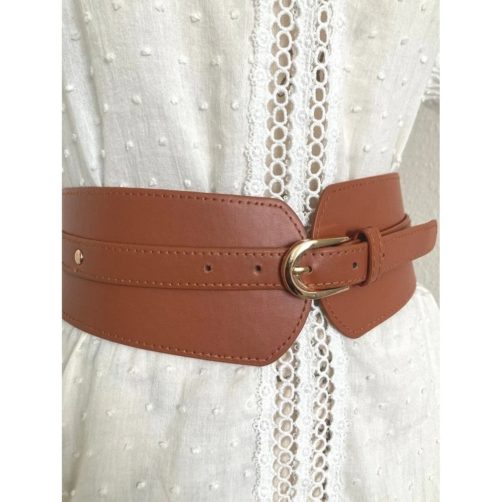 Corset Faux Leather Brown Wide Waist Belt Western Thick Stretch Gold Buckle